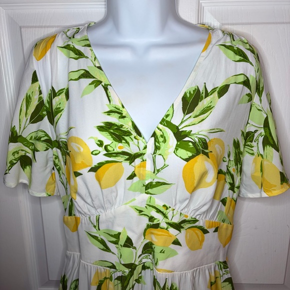 LOFT White Yellow Fluttler Sleeve Lemon Print Mini Dress 6 Has Pockets! NWT - Picture 6 of 13